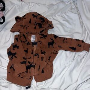 Brown Hooded Baby Jacket with Animal Print and Fleece Pants